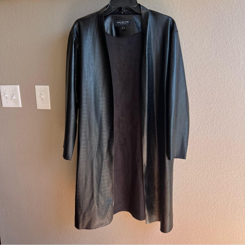 Andrew Marc New York  Black Faux Croc Leather Suede Drape Front Jacket Size M